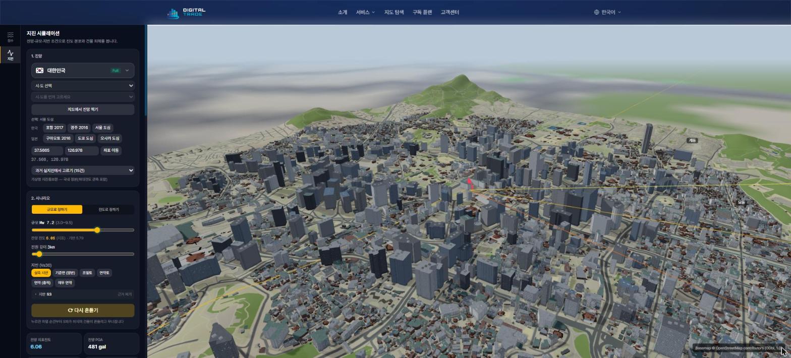 3D damage view — buildings with higher damage ratios appear in red
